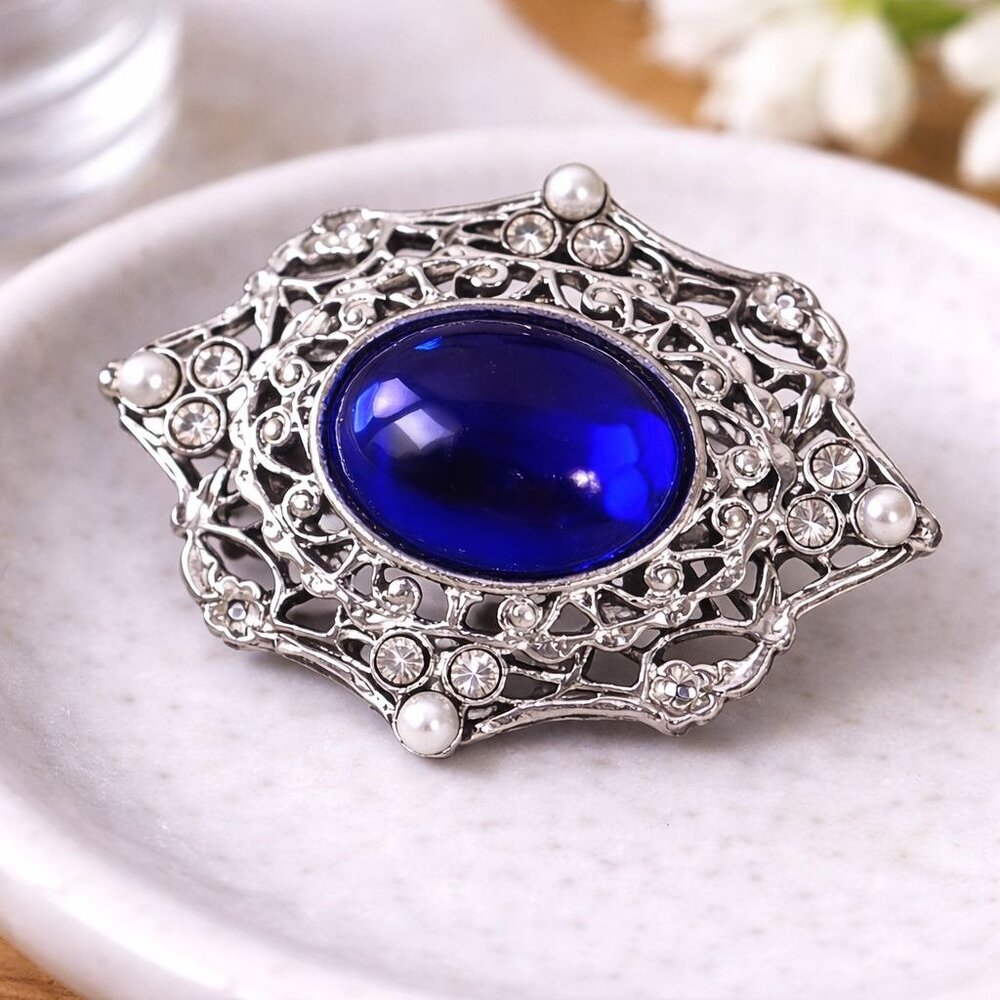 Vintage Silver-Tone Filigree Brooch With Large Cobalt Blue Glass Stone & Faux Pe